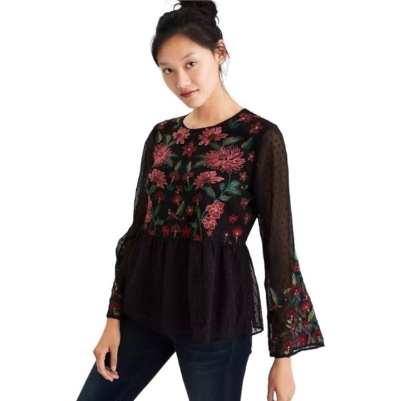 American EAGLE OUTFITTERS Sheer Black Embroidered Peplum Top Fully Lined Sz XS - Picture 1 of 12